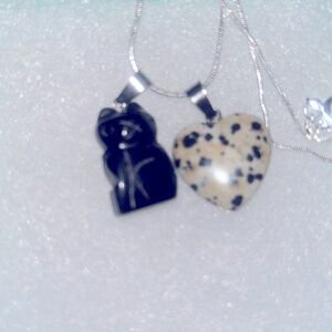 Gothic Onyx Cat and Dalmatian Jasper heart Silver 16” Neck…